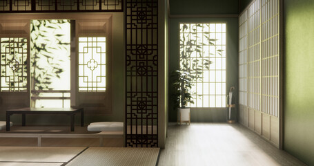 Fototapeta premium Green dark wall empty room, Modern japanese tatami mat floor, room japanese traditional style. 3D rendering