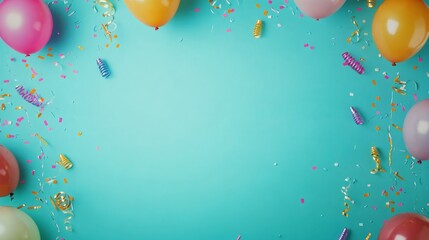 Fototapeta premium A flat lay of colorful balloons, confetti, and streamers on a blue background with plenty of copy space.