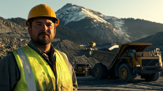 A mining engineer in a hard hat and reflective vest, standing beside large mining trucks and equipment, with a mountainous backdrop