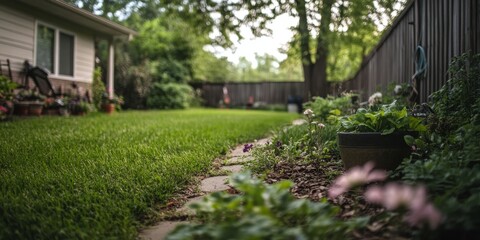 Fototapeta premium Tranquil Backyard Garden with Lush Green Grass, Flower Pots, and Wooden Fence Creating a Peaceful Outdoor Space Behind a Cozy Suburban Home