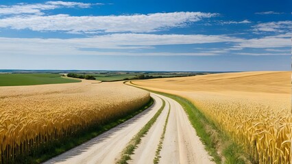 Fototapeta premium A winding country road through golden fields of wheat, under a wide, clear blue sky. The landscape stretches to the horizon, evoking a sense of freedom and open space