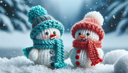 Adorable Knitted Snowmen in a Snowy Winter Scene: Two Cozy Handmade Figures with Colorful Hats and Scarves, Surrounded by Falling Snowflakes and a Soft, Warm Glow in the Background