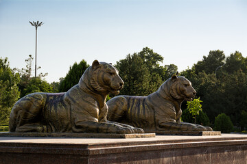 Statue of two lions in Samarkand near Gur Amir mausoleum