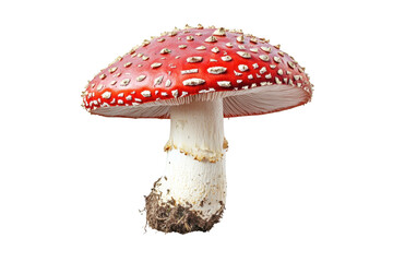 Obraz premium Close-up of a vibrant red and white spotted mushroom with a single stem, isolated on a transparent background. highlighting its natural beauty.