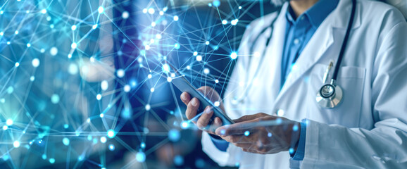 Doctor using smartphone with futuristic digital network overlay, representing modern healthcare technology, telemedicine, and the integration of data-driven medical solutions