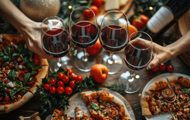 Fototapeta premium Four hands holding glasses of red wine above a festive dinner table with pizzas and holiday decor. A warm and celebratory scene.