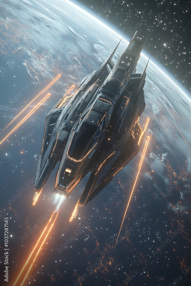 Poster a futuristic spaceship navigates through space, emitting streaks of light, with a beautiful planet b