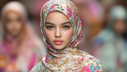 Obraz premium Models in floral hijabs, soft runway focus, intricate patterns, warm lighting