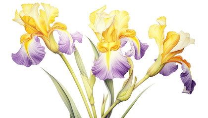 Naklejka premium Yellow-purple irises, white isolated background