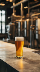 refreshing pilsner draught beer sits on concrete bar, showcasing its golden color and frothy head. industrial brewery setting adds to ambiance