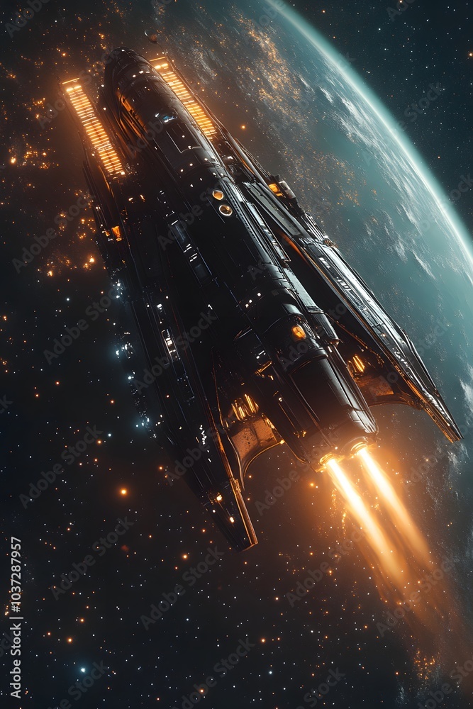 Poster A futuristic spaceship propels through space, illuminated by bright orange thrusters, with a planet visible in the background, encapsulating a sense of adventure and exploration.