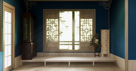 Blue color wall on Empty room japanese traditional style interior.3D rendering
