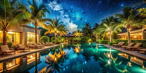 Luxurious Nighttime Pool View at Resort Hotel with Captivating Reflections