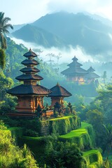 Scenic Balinese temple with terraced rice fields and misty mountains in the background