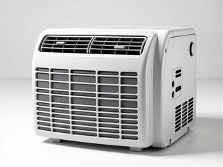 Modern mobile air conditioner standing on white background
