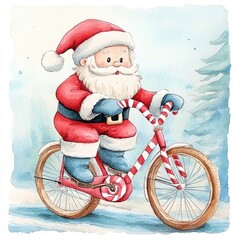 Santa Claus riding a bicycle in a festive holiday scene, colorful and whimsical art.