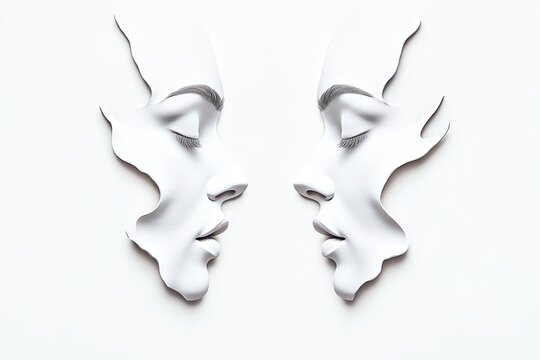 Sculptures de visages en relief blanc profil&eacute;es face &agrave; face
