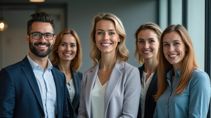 Fototapeta premium Diverse Group of Business Professionals in Modern Office Setting - Teamwork, Collaboration, and Leadership in Corporate Environment