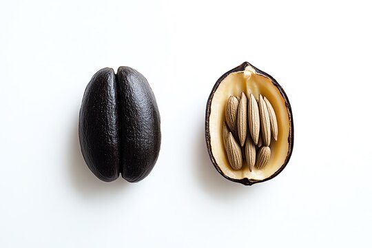 Graines et noix en coques ouvertes
