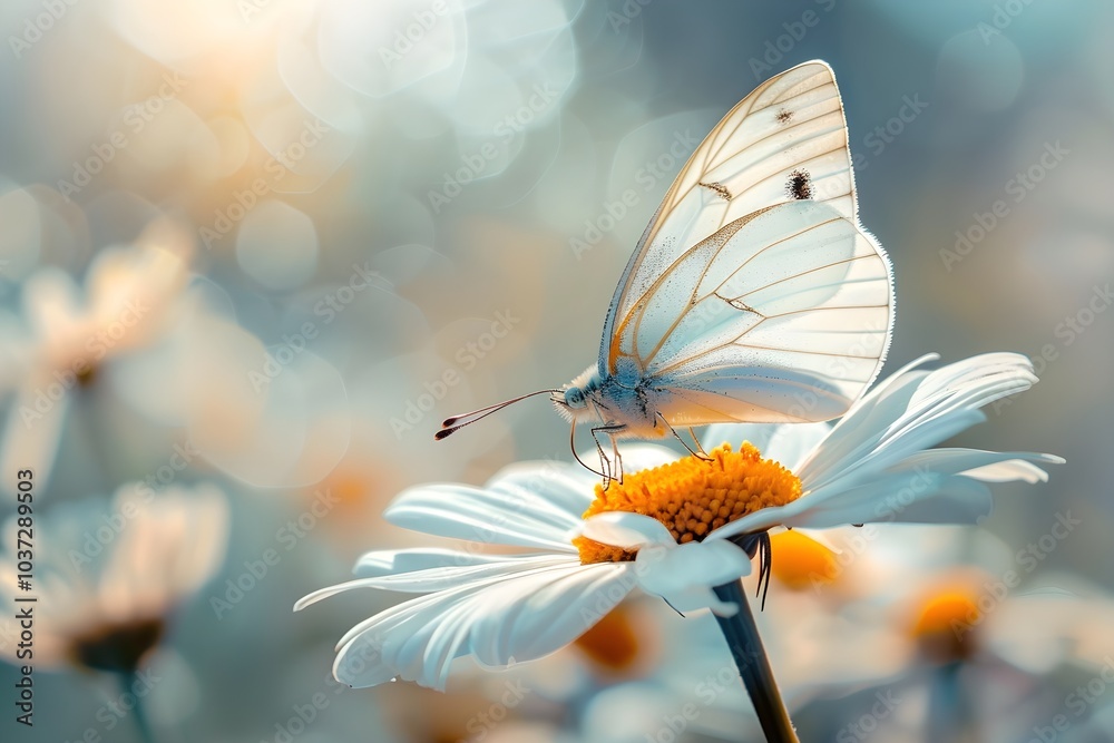 Aufkleber butterfly on daisy with soft bokeh background