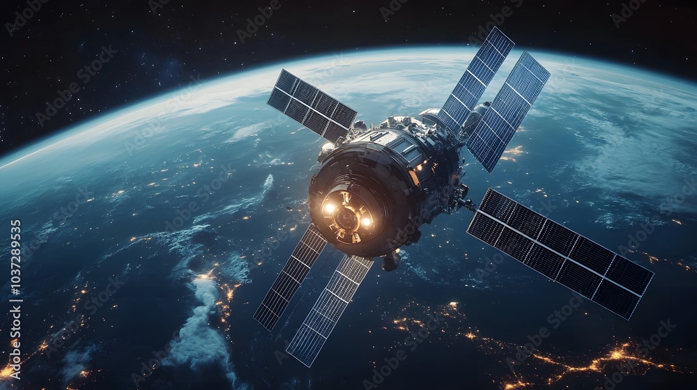 Poster a space station or satellite orbits earth, showcasing its intricate design against a backdrop of sta