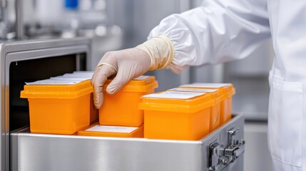 A person in protective gear handles orange containers in a laboratory setting, likely for medical or pharmaceutical purposes.