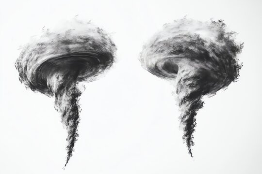 Deux tornades de fum&eacute;e noire sur fond blanc
