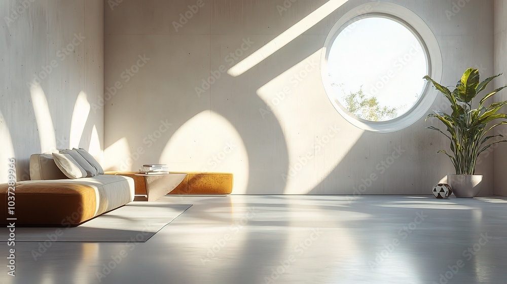 Poster Modern Minimalist Room with Round Window and Plants