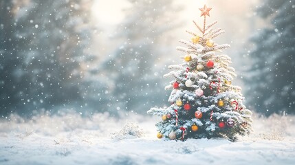 Obraz premium Decorated Christmas Tree Standing in Snow-Covered Forest