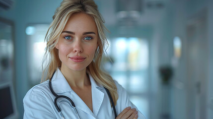 Fototapeta premium doctor holds a stethoscope, with hands crossed, white female