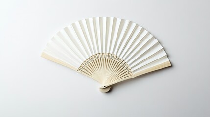 A flat lay of a white folding hand fan, fully opened against a clean white background, showing all details.