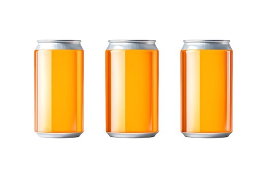 Trois canettes de boisson orange sur fond blanc


