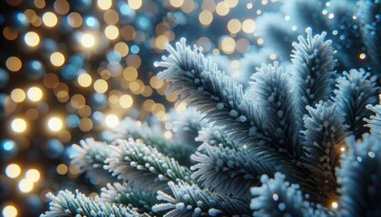 Frost-Covered Pine Branches in a Magical Winter Scene: Close-Up of Icy Needles Against a Golden Bokeh Background, Capturing the Serene Beauty of Snowfall and Holiday Lights