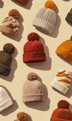 Colorful knitted beanies with pom poms.
