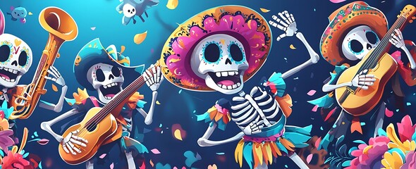 Flat vector illustration of day of the dead dancing skeletons