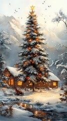 Fototapeta premium Home covered in snow, calm snow falling gently, with a peaceful winter atmosphere