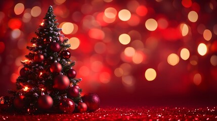 Decorated Christmas Tree with Red Ornaments and Lights Against a Red and Gold Bokeh Background