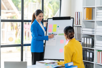 Collaborative Brainstorming: A focused and engaging office scene depicts a female leader presenting a project plan to a colleague, using colorful sticky notes on a whiteboard.