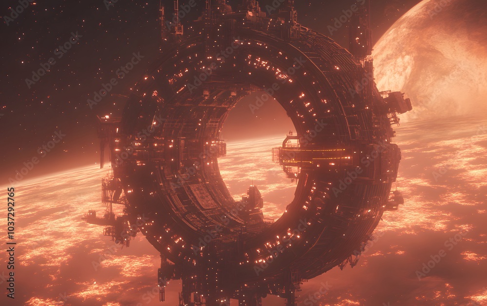 Poster a futuristic space station or structure orbits a glowing, fiery planet, showcasing a blend of techno