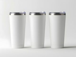Blank white insulated tumblers, reusable travel mugs, stainless steel cups for hot and cold drinks. Mug mockup, tumbler mock up 