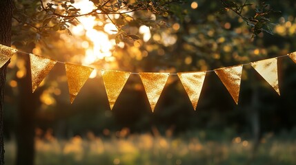 Golden party bunting flags hanging in a park as festive decorations