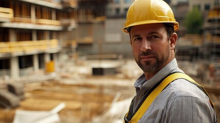 Fototapeta premium Construction Worker at Building Site with Hard Hat