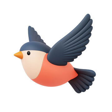 3D illustration of a colorful bird with dark blue wings and a red-orange body, showcasing a simplistic and cute design style in a flying pose. Isolated on transparent background, png.