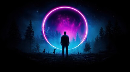 Fototapeta premium A silhouetted figure stands before a glowing portal in a mystical forest, radiating colors and energy.
