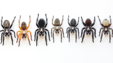 Fototapeta premium A lineup of various tarantula spiders, each facing forward, isolated on a clean white background.