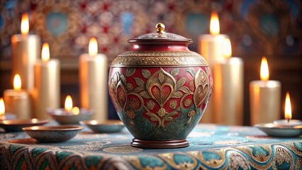 Ornate red and gold urn on a decorative table with candles and flowers