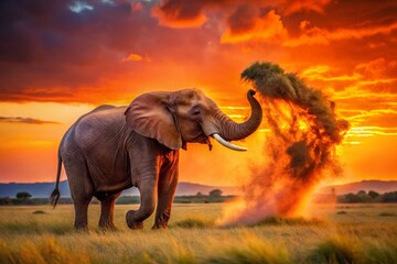 Fototapeta premium Majestic African Elephant in Savanna Dust Bath - Long Exposure Photography