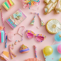 Obraz premium Colorful birthday party decorations on pink background.