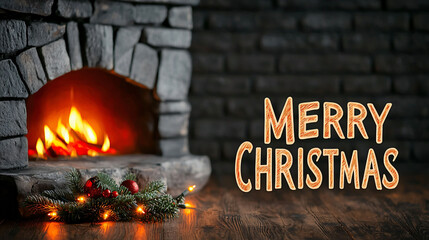 Naklejka premium Merry Christmas with cozy fireplace scene, featuring glowing flames and festive decorations. This warm atmosphere evokes holiday cheer and comfort