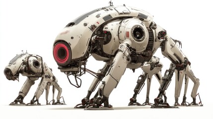 Fototapeta premium Animal-like robots with futuristic designs and bio-inspired mechanics, isolated on a white background.